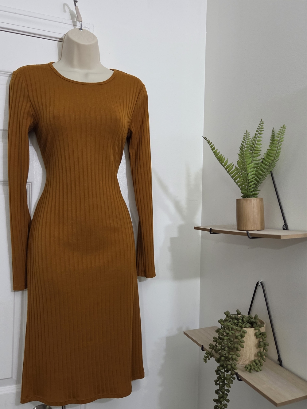 Ribbed Long Sleeve Midi Dress - Mustard1